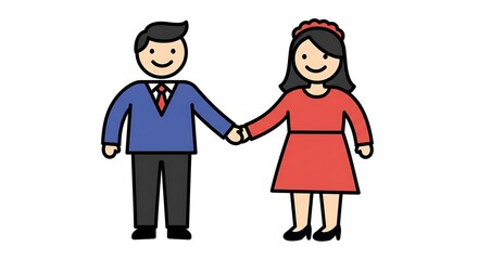 Fototapeta premium Couple Holding Hands Illustration Style on White Background