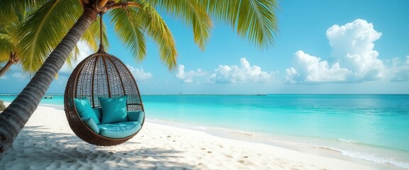 Summer escape on a tropical beach with a woven hanging chair under a leaning coconut tree. featuring soft blue cushions and clear skies, perfect for wellness retreats and serene travel concepts.