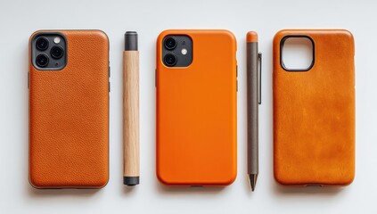 Four smartphones in tan leather cases, one orange, with writing implements