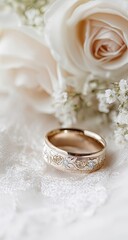 Delicate gold wedding band resting on lace-covered fabric, with soft ivory roses and small white flowers in the background
