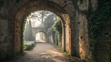 Obraz premium Rustic Dust-Covered Brick Archway Framing a Private Courtyard