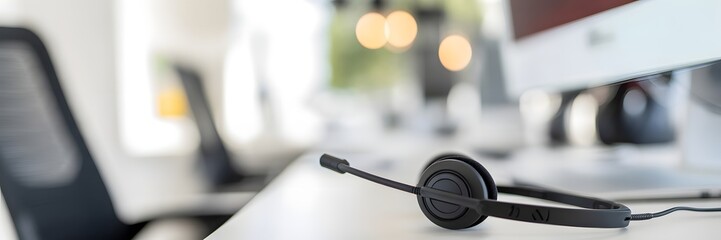 Customer Service Headset at the Ready: A close-up shot highlights a sleek headset resting atop a modern office desk, ready for customer service. The image conveys efficient and professional service.
