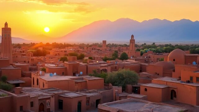 Sunrise over a terracotta village nestled in a valley, with mountains in the distance