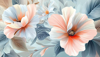 Obraz premium Delicate Peach and White Hibiscus Flowers with Soft Blue Foliage - Elegant Floral Background