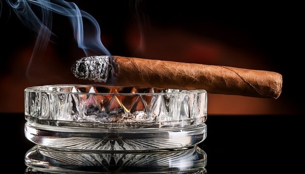 a partially smoked cigar rests in a clear crystal ashtray filled with ash and tobacco debris it symbolizes relaxation or luxury