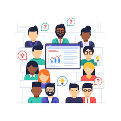 Diverse group of people gathered around a screen with charts and graphs.