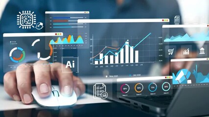 Data Analysis in Action: A person's hand maneuvers a mouse, navigating a digital interface filled with intricate data visualizations, charts, and graphs. - Powered by Adobe