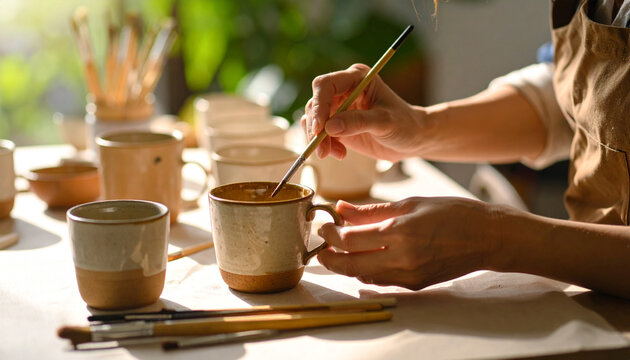 A person is carefully painting a handmade ceramic mug with a brush, surrounded by other unpainted mugs and art supplies in a bright, creative workspace