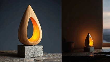 Wooden teardrop lamp on granite base, lit