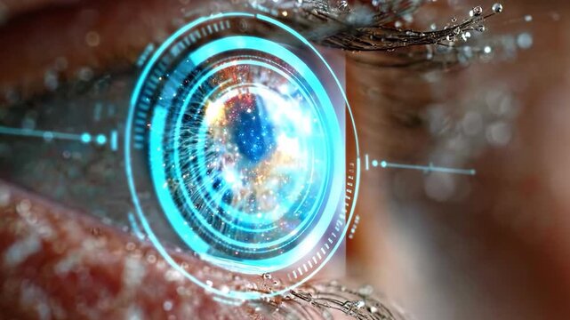 Vision of Innovation: A close-up view of a human eye, overlaid with a futuristic, high-tech interface, showcasing the convergence of biology and technology.