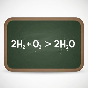 Chemical equation on a green chalkboard showing hydrogen and oxygen forming water.