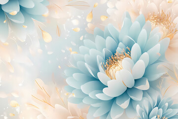 Elegant soft pastel blue and white chrysanthemum flowers with golden accents and bokeh effect