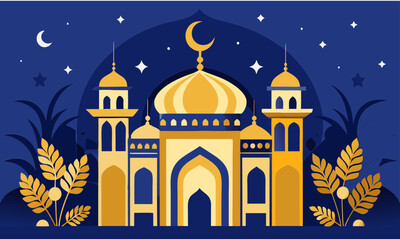Fototapeta premium Islamic mosque with crescent moon and stars on a dark blue background