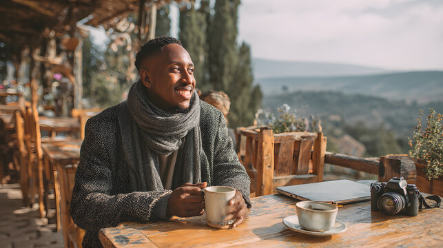 A smiling African-American man sits at an outdoor cafe table with a coffee cup, laptop, and camera, enjoying the scenic mountain view.