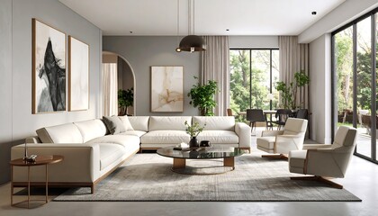 Fototapeta premium Modern living room interior with large windows
