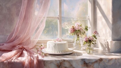 A delicate white cake sits on a windowsill, bathed in sunlight.  Pink flowers and sheer curtains add a touch of romance