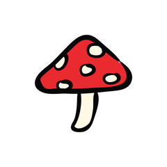Handdrawn illustration of a red mushroom with white spots.