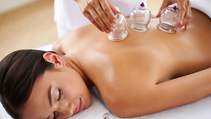 Therapist applying glass cups on woman's back cupping therapy massage