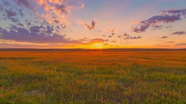 Sunset over a vast, grassy plain