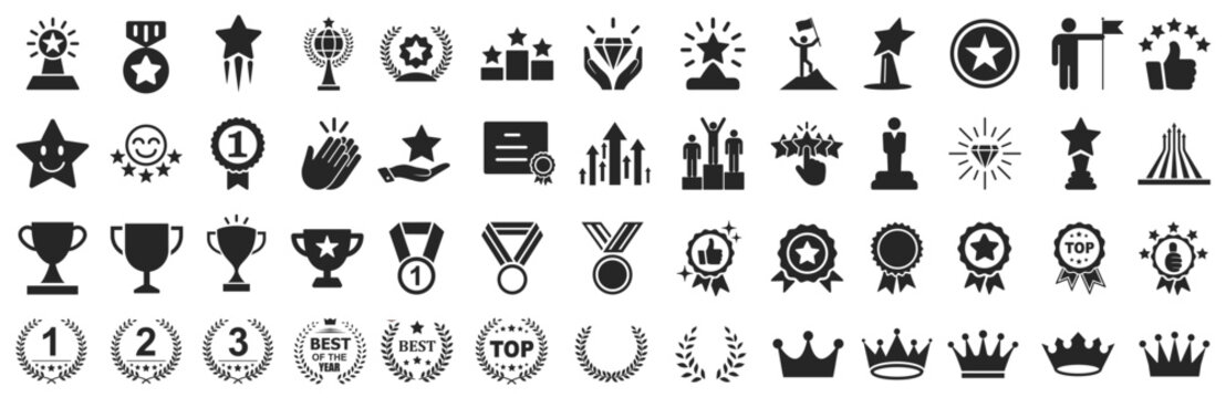 Set of winning award and prize icons, trophy reward, victory trophy signs depicting an award, victory cup achievement, winner medal - vector