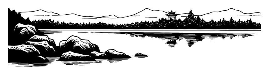 Naklejka premium Oriental Black and White Outline Line Art Drawing of Empty Lake Rocks Landscape with Chinese Pagoda and Mountains