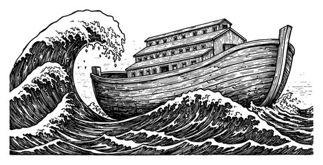Naklejka premium Empty Noahs Ark Floating Amidst Gigantic Tsunami Waves in Detailed Black and White Outline Line Art Drawing