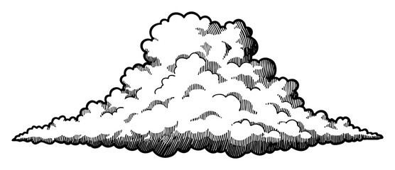 Highly Detailed Fluffy Cumulus Cloud Black and White Outline Line Art Drawing Engraving Style Isolated Object