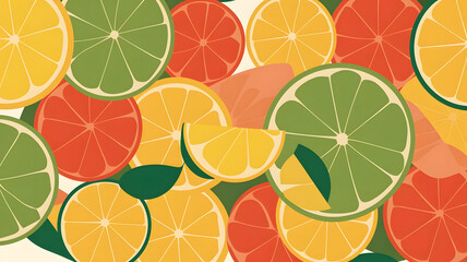 An illustration of an abstract background design with overlapping translucent fruit slices of lemon,