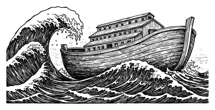 Empty Noahs Ark Floating Amidst Gigantic Tsunami Waves in Detailed Black and White Outline Line Art Drawing