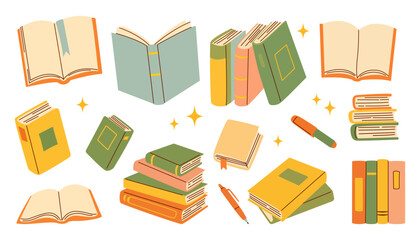 Colorful Book Compositions with Pens, Notebooks, and Decorative Elements Depicting Reading, Study, and Creativity in Hand Drawn Vector Illustration Isolated on White for Education Themes