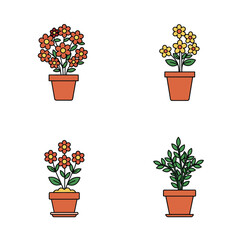 Four potted flowers with red petals and green leaves isolated on white background, arranged in a circular pattern, showcasing a variety of floral designs