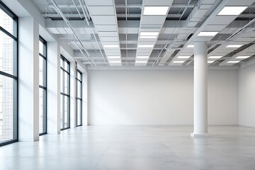 Fototapeta premium Expansive Contemporary Open Plan Office Space With Large Windows Natural Light And Modern Ceiling Design Providing Ample Room For Future Business Growth And Customization Opportunities