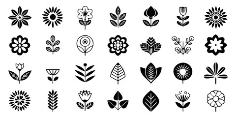 set of black silhouettes of flowers