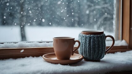 Cup of hot beverages on a snow-covered table against a winter snowy forest landscape.