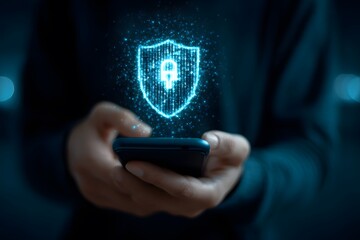 Digital shield with lock icon overlaid on a person's hands holding a smartphone. Concept of cybersecurity, data protection, and online safety.