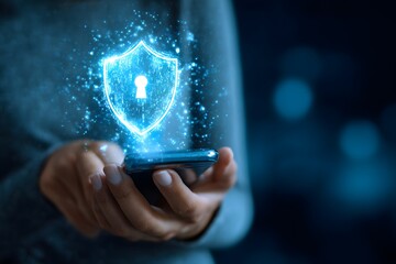 Digital shield with lock icon overlaid on a person's hands holding a smartphone. Concept of cybersecurity, data protection, and online safety.