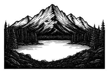 Majestic Mountain Landscape with Serene Lake and Lush Forest in Foreground Simple Black and White Outline Line Art Drawing