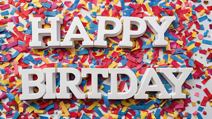 Festive white wooden letters spell out happy birthday against a vibrant and colorful confetti background celebration