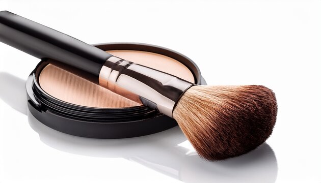 professional makeup brush beside compact powder isolated on white background