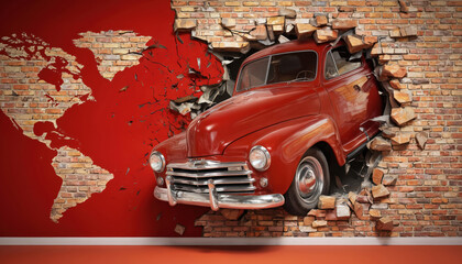 Childrens room wallpaper features vintage red car crashing through brick wall. World map design element adds educational travel theme. Vibrant colors, playful imagery spark imagination, creativity