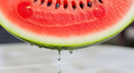 Juicy watermelon slice with dripping water, close-up photo