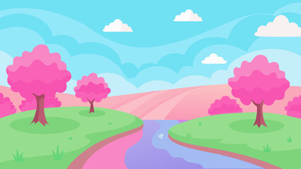 Dreamy Pink Landscape by a Serene Stream