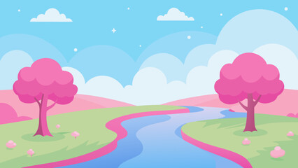 Dreamy Pink Landscape by a Serene Stream