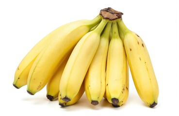Fresh ripe yellow bananas bunch isolated on white background. Organic tropical fruit, healthy diet snack, good nourishment. Natural sweetness, freshness, potassium rich food for healthy lifestyle.