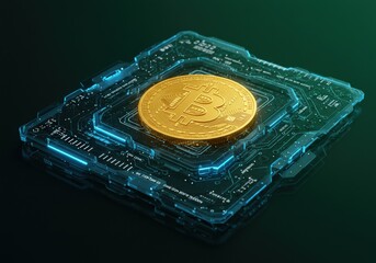 Bitcoin cryptocurrency on a futuristic circuit board, representing digital finance.