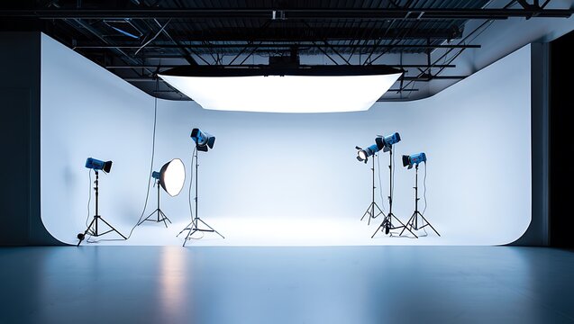 Professional photo and video production studio featuring a large white cyclorama background. The empty set is prepared with various modern lighting equipment for a commercial shoot.