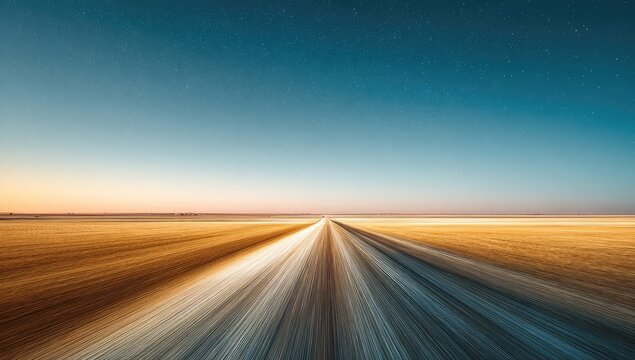 A long, straight road stretches into a vast, golden-toned landscape under a vibrant twilight sky dotted with stars.  Motion blur creates streaks of light, emphasizing the road's extension