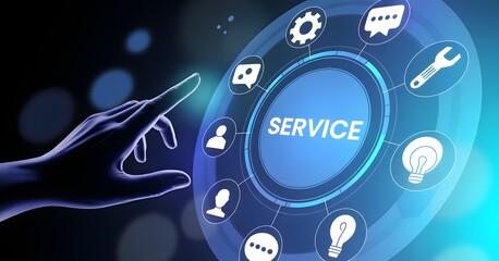 Service at Your Fingertips: A futuristic, digital illustration showcases a hand interacting with a central SERVICE icon surrounded by various related icons.