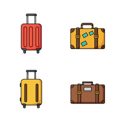 Four colorful suitcases with handles and wheels isolated on white background, perfect for travel, vacation, or business trips, showcasing different styles and colors