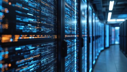 Modern server room glowing blue, orange data streams on racks of servers. Data visualization represents digital infrastructure, coding, advanced technology solutions for efficient network systems.